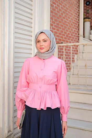 LOCCO Women's Waist Shirring Detailed Shirt Pink