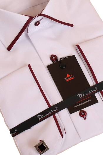 Dicotto Чоловіча сорочка Slim Fit - біла, бордова, мікротканина, вузький комір, ґудзики на рукавах - 216-3