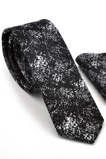 Gaffy Cravatte White Motif Patterned Black Woven Fabric Handkerchief Slim Fit Tie / Sdk- 220715