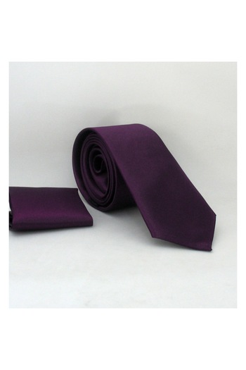 Gaffy Σκούρο Μωβ Slim Fit Μονόχρωμη Σατέν Γραβάτα με Μαντήλι - Ss-21