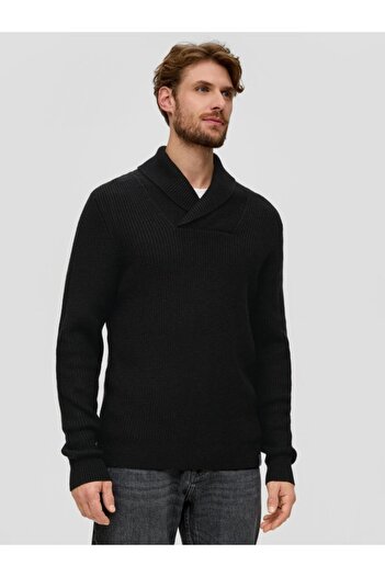 s.Oliver Men's knitted sweater with shawl collar, made of cotton and wool blend, Black