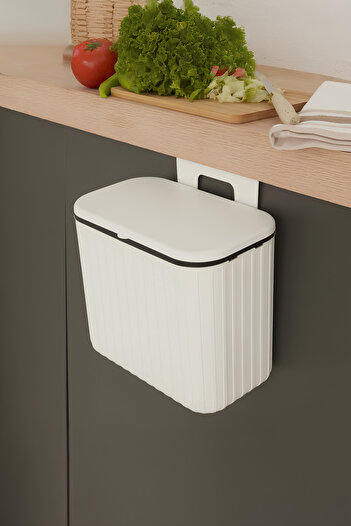BİLTAŞ PLASTİK Vailo White Striped 8 Lt Kitchen Countertop and Cabinet Hanging Trash Can