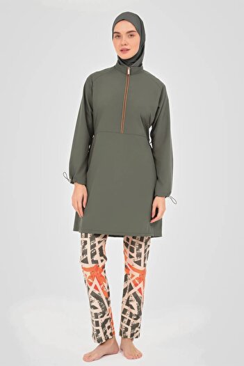 Bordomix 24302 Women's Khaki Adjustable Patterned Hijab Swimsuit