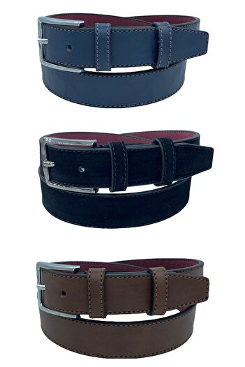 Süzer Deri Set of 3 Children's Size Faux Leather 3 cm Waiter's Classic Belt - Black Navy Blue Brown - G3S-23HZ