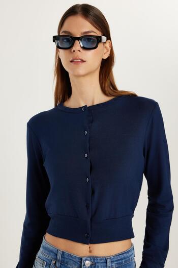 Tudors Women's Regular Fit Classic Cut Buttoned Navy Blue Cardigan