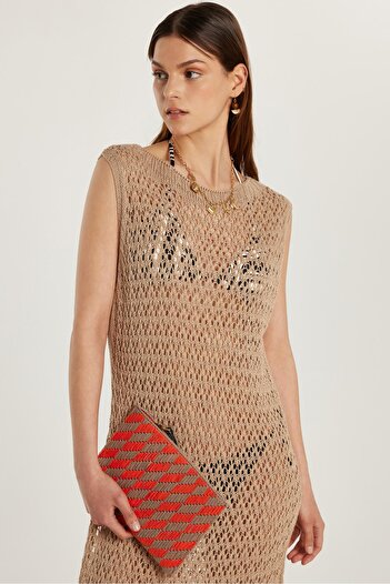 Tudors Women's Standard Fit Acrylic Frize Knitted Patterned Sausage Collar Beige Beach Dress