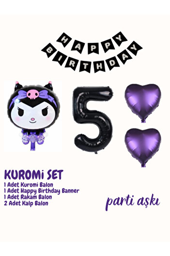 PARTİ AŞKI Sanrio Kuromi Balon Seti 5'li Kuromi Set & Kız Çocuk Konsept Doğum Günü Balon Seti