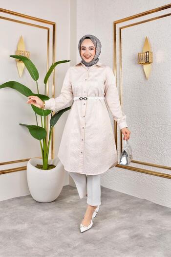 HARMAN BUTİK Belted Striped Linen Shirt