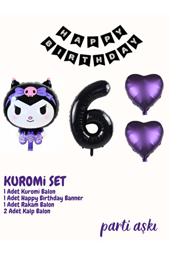 PARTİ AŞKI Sanrio Kuromi Balon Seti 5'li Kuromi Set & Kız Çocuk Konsept Doğum Günü Balon Seti