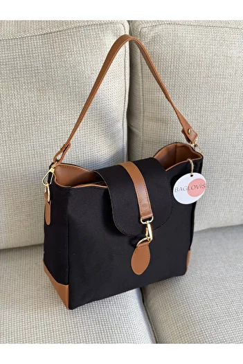 BAGLOVİS Front Hook and Ring Detail Medium Size Linen Black Women's Shoulder Bag En25 Boy25
