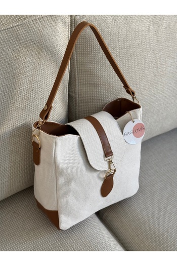 BAGLOVİS Front Hook and Ring Detail Medium Size Linen White Women's Shoulder Bag En25 Boy25