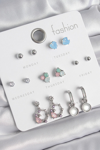 SeyCey.co Brass Silver Color Zircon Stone Hanging Ring Model Flower Detail 7 Pairs Women's Earring Set