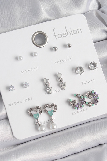 SeyCey.co Brass Silver Color Zircon Stone Dangle Heart Model Flower Detail 7 Pairs Women's Earring Set