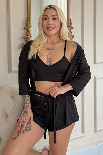 Pijamaevi Black Dublin Bustier Women's Pajama Set with Dressing Gown