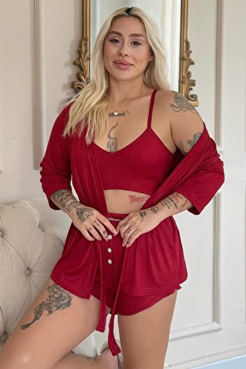 Pijamaevi Claret Red Dublin Bustier Women's Pajama Set with Dressing Gown