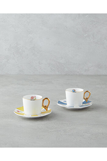 English Home Nostalgia Porcelain 4 Piece Coffee Cup Set for 2 Persons 90 ml Blue-Yellow