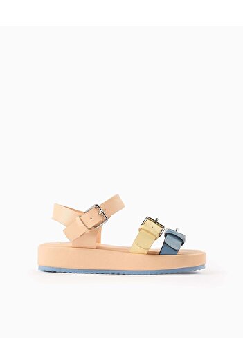Ziddy Buckle Sandals for Girls, Coral/Yellow/Blue