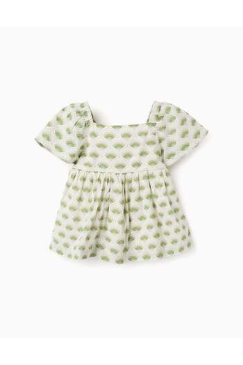 Ziddy Blouse with Floral Motif for Baby Girls, Beige/Green