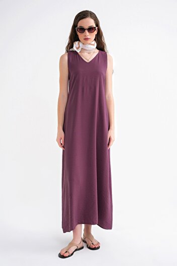 Mixray 4694 Kadın Cepli V Yaka Uzun Basic Elbise Bordo