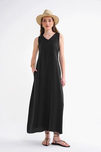 Mixray 4694 Women's Pocketed V-Neck Long Basic Dress Black