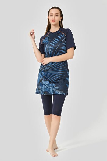Bordomix 24708 Women's Navy Blue Floral Patterned Short Sleeve Semi-Covered Swimsuit