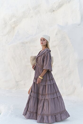 BOHEMAİ Trieste Lace Detail Mink Long Dress