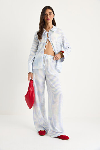 Bianco Lucci Women's Lacing Detailed Large Cuffed Striped Summer Cotton Bottom-Top Suit 36471 60283357