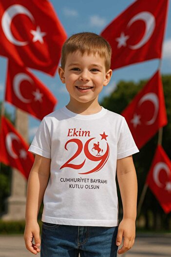 Cevval 29 EKİM CUMHURİYET BAYRAMI KUTLU OLSUN BASKILI PAMUKLU ÇOCUK TİŞÖRT