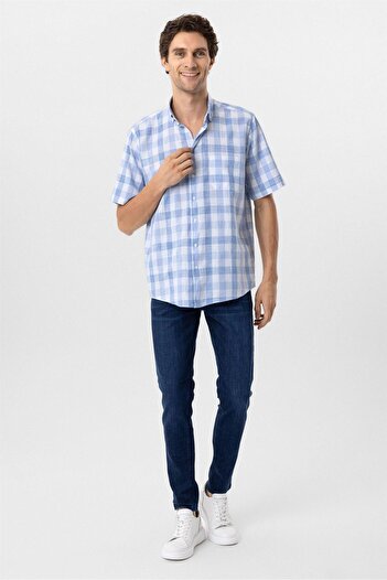 SÜVARİ Ice Blue Regular Fit Plain Button Collar Short Sleeve Shirt