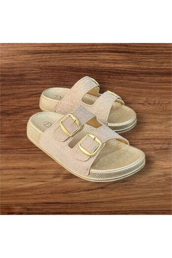 pien Pienn Women's Gold Silvery Ultrasoft Sole Orthopedic Double Buckle Slippers