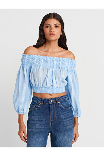 Dilvin 50258 Off-The-Shoulder Buttoned Top-Light Blue