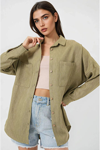 hazelin Women's Green Oversize Double Pocket Linen Shirt Hzl22S-Bd1201261