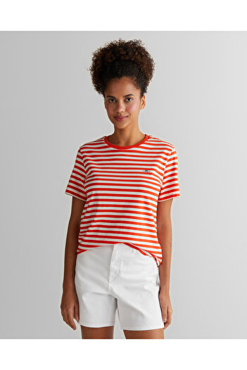 Gant Kadın Turuncu Regular Fit Bisiklet Yaka Çizgili T-Shirt