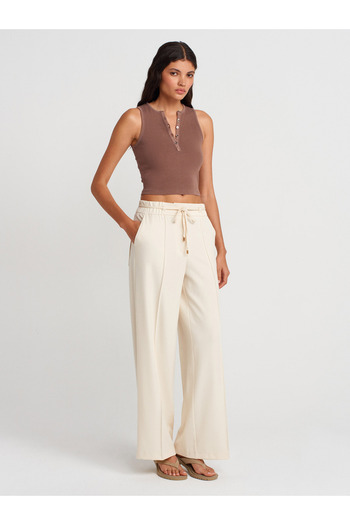 Dilvin 71662 Wide Leg Trousers with Elastic Waist-Ecru