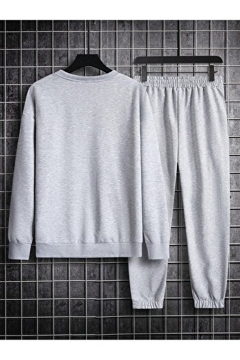 CLAYES Ανδρικό μονόχρωμο σετ αθλητικής φόρμας Jogger - Γκρι Oversize Raster Crew Neck