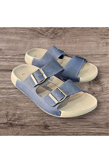 ALC Men's Navy Blue Pool Sole Soft Soft Double Buckle Slippers