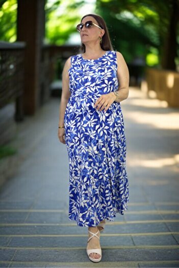 yagmurberen Japanese Sleeveless (Sleeveless) 3 Layer Volume Flowers Patterned Medium Length Plus Size Cotton Viscose Dress