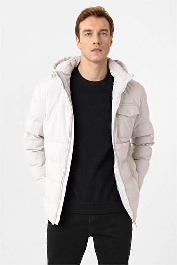 SÜVARİ Ανδρικό παλτό Cavalier Slim Fit Λευκό με κουκούλα