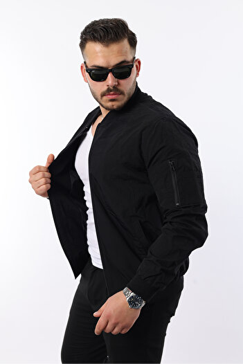 REGOS Men's Black Taslan Fabric Sleeve Pocket Detailed Seasonal Bomber Coat & Jacket