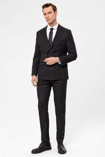 SÜVARİ Black Slim Fit Dobby Pointed Collar 6 Drop Classic Suit