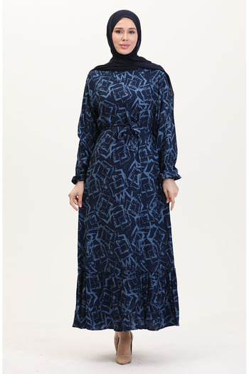 sefamerve Patterned Belted Viscose Dress 0011-01 Navy Blue