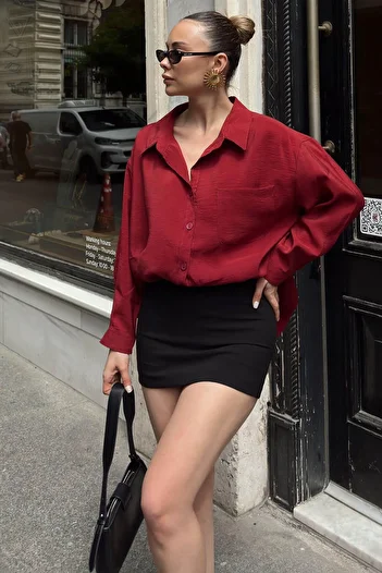 Swist Claret Red Due Oversize Modal a Pile Single Pocket Women's Shirt