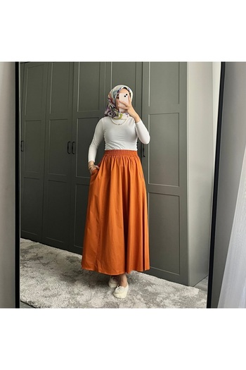 MY QILAM Number 10 Fashion Women's Taba Waist Elastic Poplin Flared Skirt with Pockets 10Nmr180