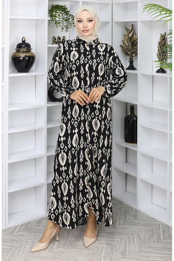 sefamerve Viscose Fabric Buttoned Dress 2050-04 Black Beige