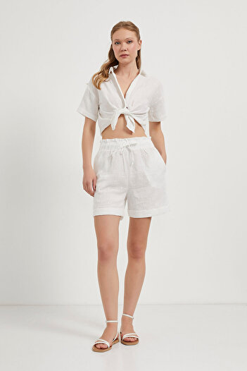 Arma Life Women's Patterned White Muslin Mini Shorts with Elastic Waist