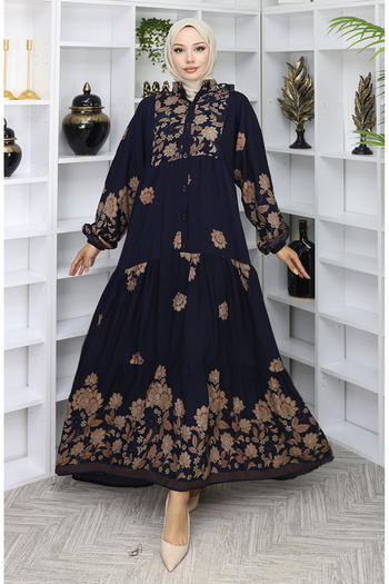 sefamerve Φόρεμα με σχέδιο από ύφασμα βισκόζης 2045-04 Navy Blue