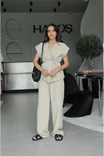 Havoş Stone Color Atlas Tied Vest Pants Set