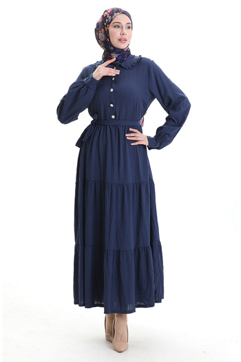 sefamerve Half Button Gathered Dress 2042-04 Navy Blue