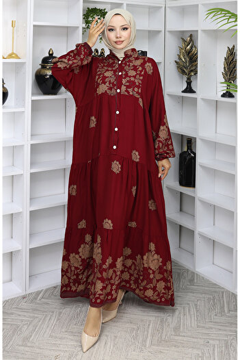 sefamerve Viscose Fabric Patterned Dress 2045-02 Claret Red
