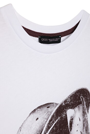 Quzu Retro Print Detailed Short Sleeve T-Shirt White
